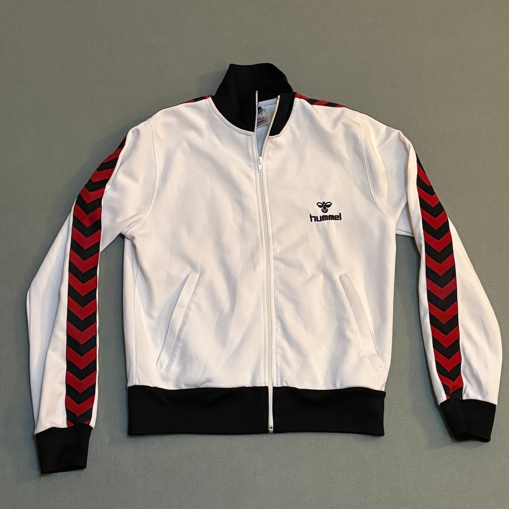 VTG Hummel Mens‎ Track Jacket White Red Black Chevron Full Zip Large Retro